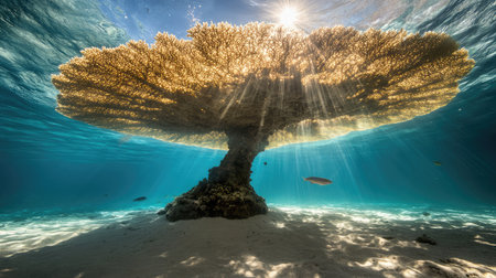 Explore a vibrant underwater scene featuring an impressive coral reef structure bathed in sunlight, showcasing the beauty of marine life and ecosystems.の素材