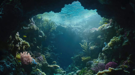 A stunning view of an underwater coral reef illuminated by sunlight, showcasing vibrant marine life and a tranquil aquatic environment. Perfect for nature lovers.の素材