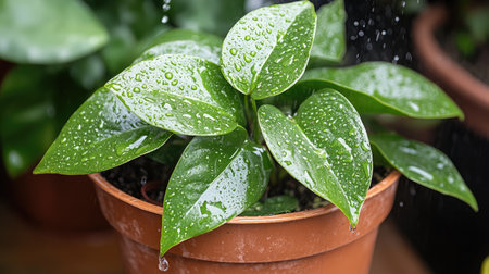 Close-up of a green plant with water droplets, showcasing its vibrant leaves in a terracotta pot, symbolizing freshness and natural beauty.の素材