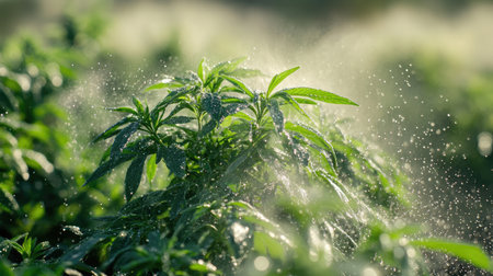 Vibrant cannabis plants glisten with water droplets in the sunlight, showcasing the beauty of agriculture and nature. Perfect for organic and herbal themes.の素材