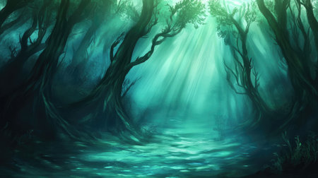 A serene enchanted forest scene featuring vibrant light filtering through trees, creating an ethereal atmosphere ideal for nature lovers and dreamers.の素材