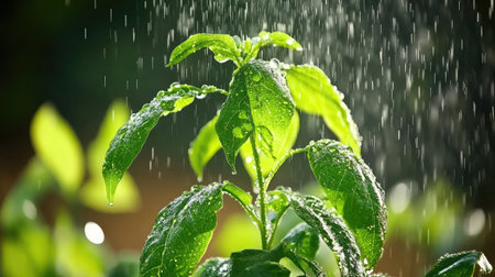 Close-up of fresh green leaves glistening with water droplets under soft sunlight, symbolizing growth and vitality in a lush garden setting.の素材