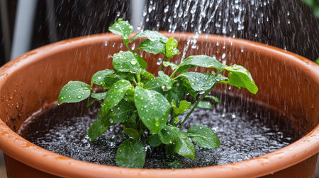 A single green plant is gently watered in a terracotta pot, showcasing droplets clinging to the leaves. This image highlights gardening care and nature's beauty.の素材