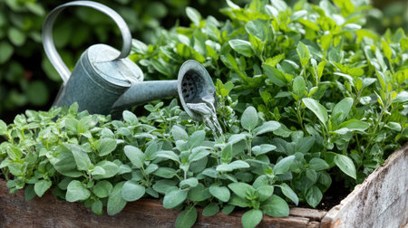 A vibrant scene of fresh herbs flourishing in a garden bed, complemented by a vintage watering can, embodies the essence of nurturing nature and organic gardening.の素材