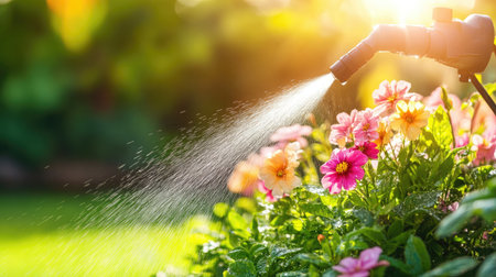A close-up view of a watering device spraying water on vibrant flowers in a lush garden basking in warm sunlight, evoking a sense of care and tranquility.の素材