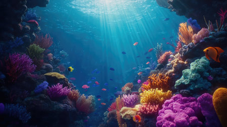 Explore a mesmerizing underwater world filled with colorful corals and diverse fish species. This vibrant coral reef showcases the beauty of marine life in clear blue waters.の素材