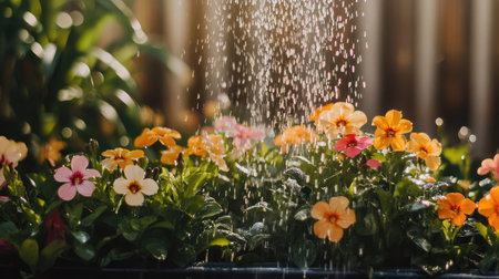 A serene garden scene featuring colorful flowers being gently watered under warm sunlight, showcasing natural beauty and growth in a tranquil environment.の素材