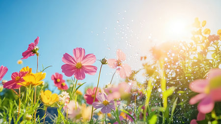 A serene garden scene featuring vibrant flowers being watered under the warm sunlight, showcasing the beauty of nature and bright colors of spring.の素材