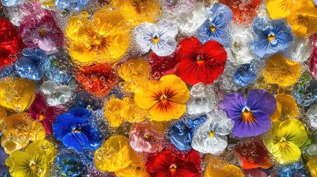 A stunning display of vibrant pansies floating amidst clear bubbles, showcasing a variety of colors. Perfect for themes of nature and beauty.の素材
