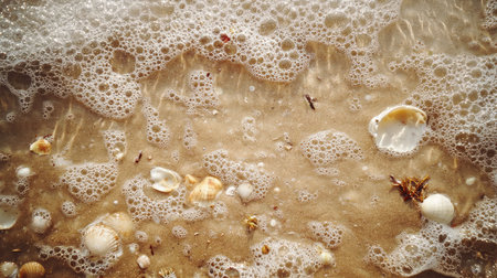 Discover the beauty of a sandy beach adorned with colorful shells and gentle foamy waves, creating a tranquil and relaxing coastal scene.の素材