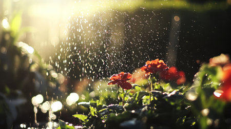 Captivating scene of vibrant flowers illuminated by warm sunlight, with gentle water spray creating a refreshing atmosphere in the garden.の素材