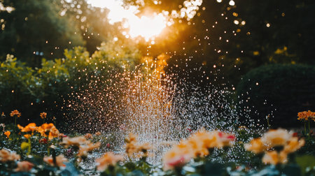 A picturesque scene showcasing a sparkling water fountain surrounded by blooming flowers under the warm glow of sunlight. Perfect for nature and garden themes.の素材