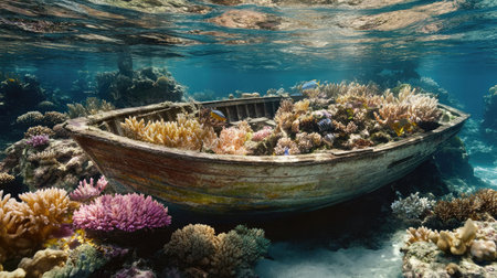 A serene underwater scene featuring a sunken boat enveloped by colorful coral reef. This image highlights the beauty of marine life and underwater ecosystems.の素材