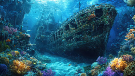 Explore the beauty of an underwater shipwreck, enveloped by vibrant coral and marine life. This serene scene captures the mystery of ocean depths.の素材
