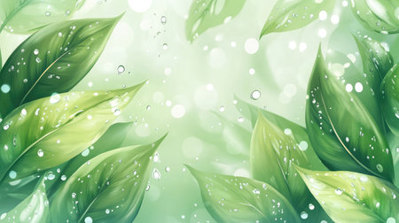A serene background featuring fresh green leaves adorned with water droplets, creating a vibrant and calming atmosphere. Perfect for nature-themed projects.の素材