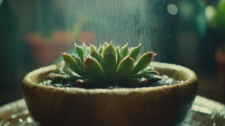 A lush succulent sits in a rustic pot, gently misted by water droplets in a soft-lit environment, showcasing the beauty of indoor gardening and tranquility.の素材
