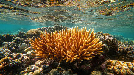 Explore the vibrant beauty of a coral reef under clear blue water. This underwater scene captures colorful coral formations and diverse marine life.の素材