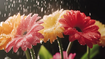 A stunning close-up of colorful flowers adorned with water droplets, capturing the beauty of nature during a gentle rain. A vibrant and fresh scene.の素材