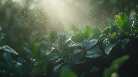 Close-up view of fresh green leaves glistening with raindrops in soft morning light, showcasing the beauty of nature and the refreshing atmosphere.の素材