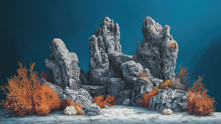 A detailed illustration showcasing an underwater landscape featuring unique rock formations and vibrant coral. This serene marine scene captures the beauty of the oceanic environment.の素材