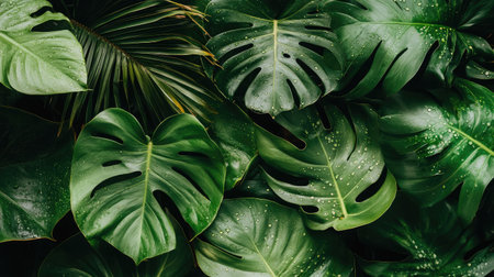 A beautiful arrangement of lush tropical green leaves with raindrops, creating a serene and refreshing atmosphere perfect for natural-themed designs.の素材