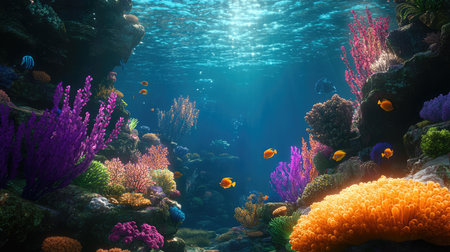 Explore a stunning underwater landscape filled with vibrant corals and lively fish. This serene aquatic scene captures the essence of marine biodiversity, showcasing nature's beauty.の素材
