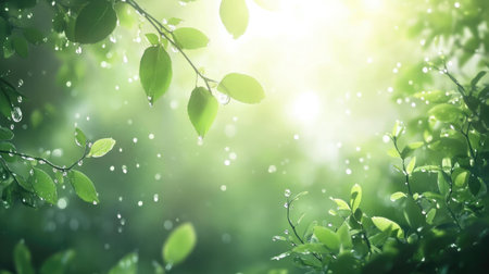 A serene image featuring lush green leaves with raindrops, illuminated by soft sunlight. Perfect for evoking natureの素材