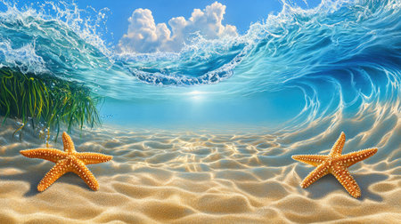 Explore the beauty of an underwater scene featuring vibrant starfish, gentle waves, and soft sand, capturing the tranquil essence of the ocean's charm.の素材