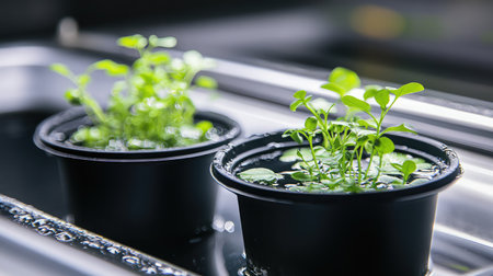 Two vibrant green seedlings thrive in black pots, surrounded by water, showcasing the beauty of indoor gardening and nurturing plant growth.の素材