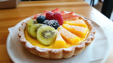A vibrant fruit tart featuring a golden crust topped with fresh kiwi, mango, strawberries, raspberries, and blueberries, dusted with powdered sugar. Perfect for any occasion.の素材