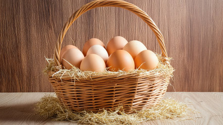 A beautiful woven basket filled with fresh eggs resting on straw, ideal for showcasing natural food products, rustic decor, and culinary themes.の素材