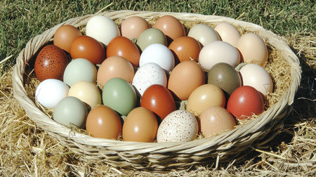 A vibrant collection of fresh farm eggs displayed in a rustic basket filled with straw, showcasing a variety of colors and textures in a natural setting.の素材