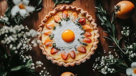 A beautiful fresh fruit tart featuring a glossy egg yolk in the center, surrounded by delicate flowers on a rustic wooden table, perfect for summer gatherings.の素材