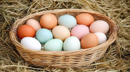 A beautiful array of fresh eggs displayed in a rustic basket, resting on straw. Ideal for concepts related to farm life, organic produce, and healthy eating.の素材