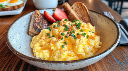 A vibrant bowl of fluffy scrambled eggs, served with toasted bread and fresh strawberries, perfect for a delightful breakfast or brunch experience.の素材