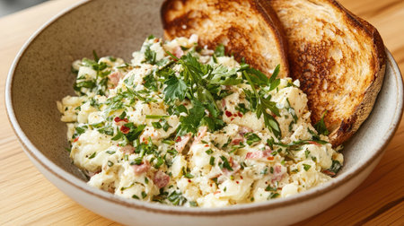 A delightful creamy dish served in a bowl alongside toasted bread. Perfect for breakfast or brunch, enhanced with fresh herbs and spices.の素材