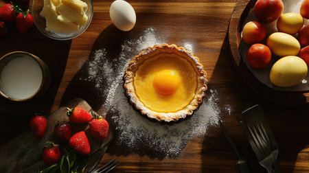 A beautifully arranged composition of fresh ingredients for baking, featuring a pastry crust with an egg yolk, strawberries, and apples, showcasing culinary artistry.の素材