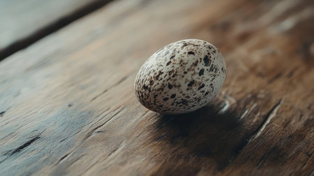 A closeup of a speckled egg resting on a weathered wooden surface, showcasing its natural beauty and unique texture, perfect for culinary themes.の素材