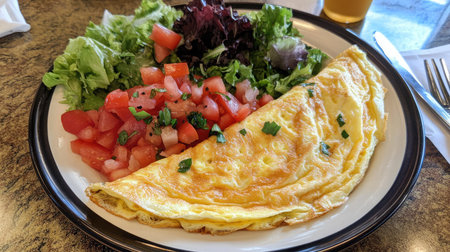 A delicious omelette served with fresh salad and diced tomatoes, perfect for a nutritious breakfast or brunch option. Enjoy the vibrant colors and flavors.の素材
