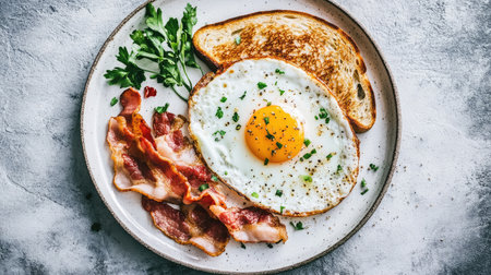 A vibrant breakfast plate featuring a perfectly fried egg, crispy bacon, toasted bread, and fresh parsley, ideal for morning meals and brunch ideas.の素材