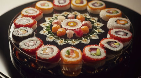 A beautifully arranged sushi platter featuring vibrant rolls and delicate pieces displayed on a decorative plate, perfect for gatherings or events.の素材
