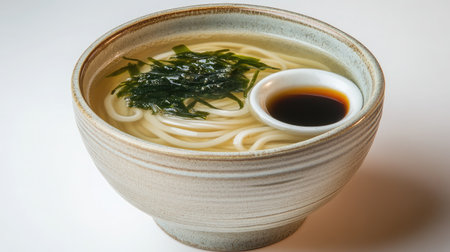 A serene bowl of noodle soup featuring delicate noodles and fresh seaweed, perfect for a comforting meal or a flavorful dining experience.の素材