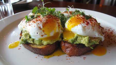 A vibrant plate showcasing avocado toast topped with perfectly poached eggs and fresh herbs, ideal for breakfast or brunch lovers seeking a healthy meal.の素材