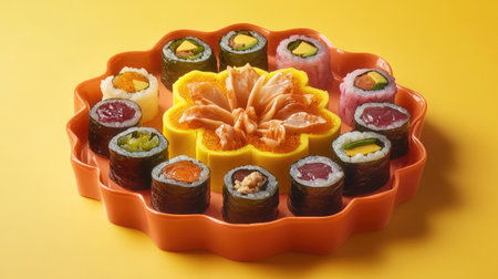 A vibrant sushi platter featuring an assortment of fresh ingredients, beautifully arranged on a bright yellow background, perfect for culinary displays.の素材