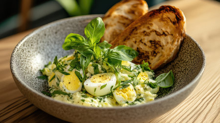 A delightful creamy dish featuring herbs and soft-boiled eggs, served with toasted bread. Perfect for breakfast or brunch, showcasing fresh ingredients.の素材