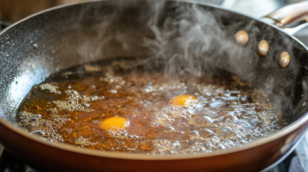 A close-up view of two eggs frying in a pan, releasing steam and bubbling in hot oil. Perfect for showcasing the cooking process in a kitchen setting.の素材