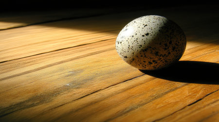 A beautiful speckled egg rests on a rustic wooden surface, illuminated by soft light. The scene captures a sense of simplicity, elegance, and natural beauty.の素材