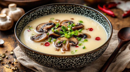 A rich and creamy mushroom soup garnished with green onion and red pepper, served in a decorative bowl. Perfect for a cozy meal or as an exquisite appetizer.の素材