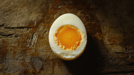 This image features a perfectly cooked egg cut in half, showcasing its vibrant yolk and creamy white, ideal for culinary inspiration and food styling.の素材