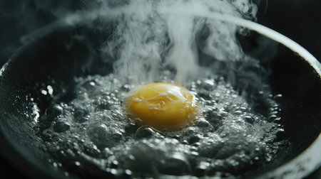 A close-up image of a fresh egg frying in hot oil, surrounded by rising steam and bubbling heat. Ideal for culinary and breakfast themes.の素材